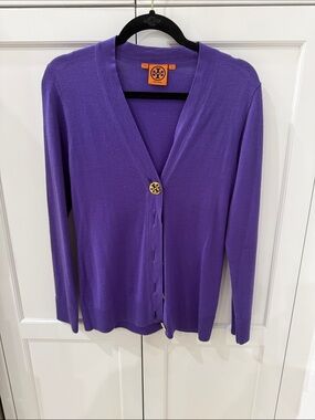 Tory Burch Purple V-Neck Logo-Button Cardigan